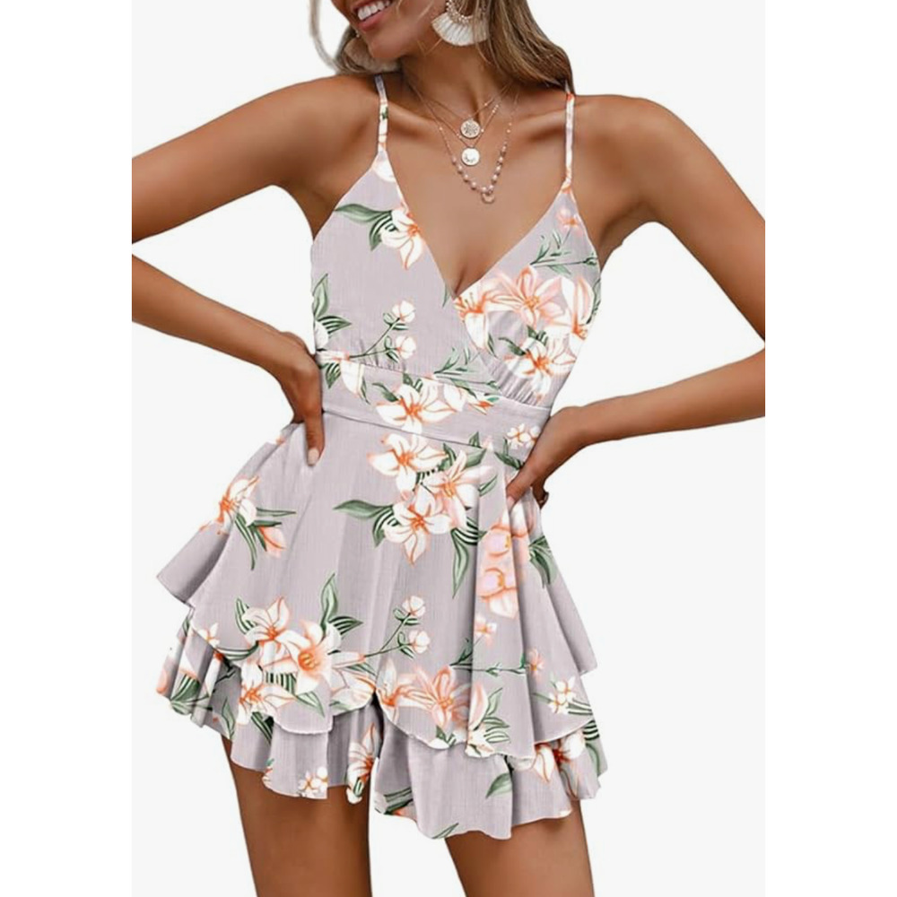 Fixmatti Women Spaghetti Strap Romper V Neck Backless Ruffle size S